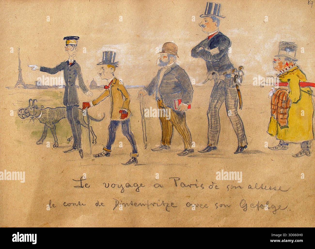 Aquarellkarikatur mit dem Titel Reise nach Paris von Ludwig Scheuermann, die eine humorvolle Gruppe von Herren und einen Hund darstellt, der in Richtung Paris mit dem Eiffelturm im Hintergrund geht. 1889. Stockfoto