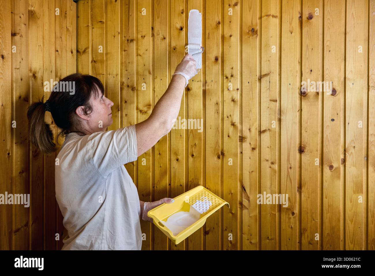 Die Frau trägt mit Malerwalze sanft einen frischen Farbanstrich auf die Holzwandplatte auf, steht mit der Farbwanne in der linken Hand und zeigt präzise Farbe Stockfoto