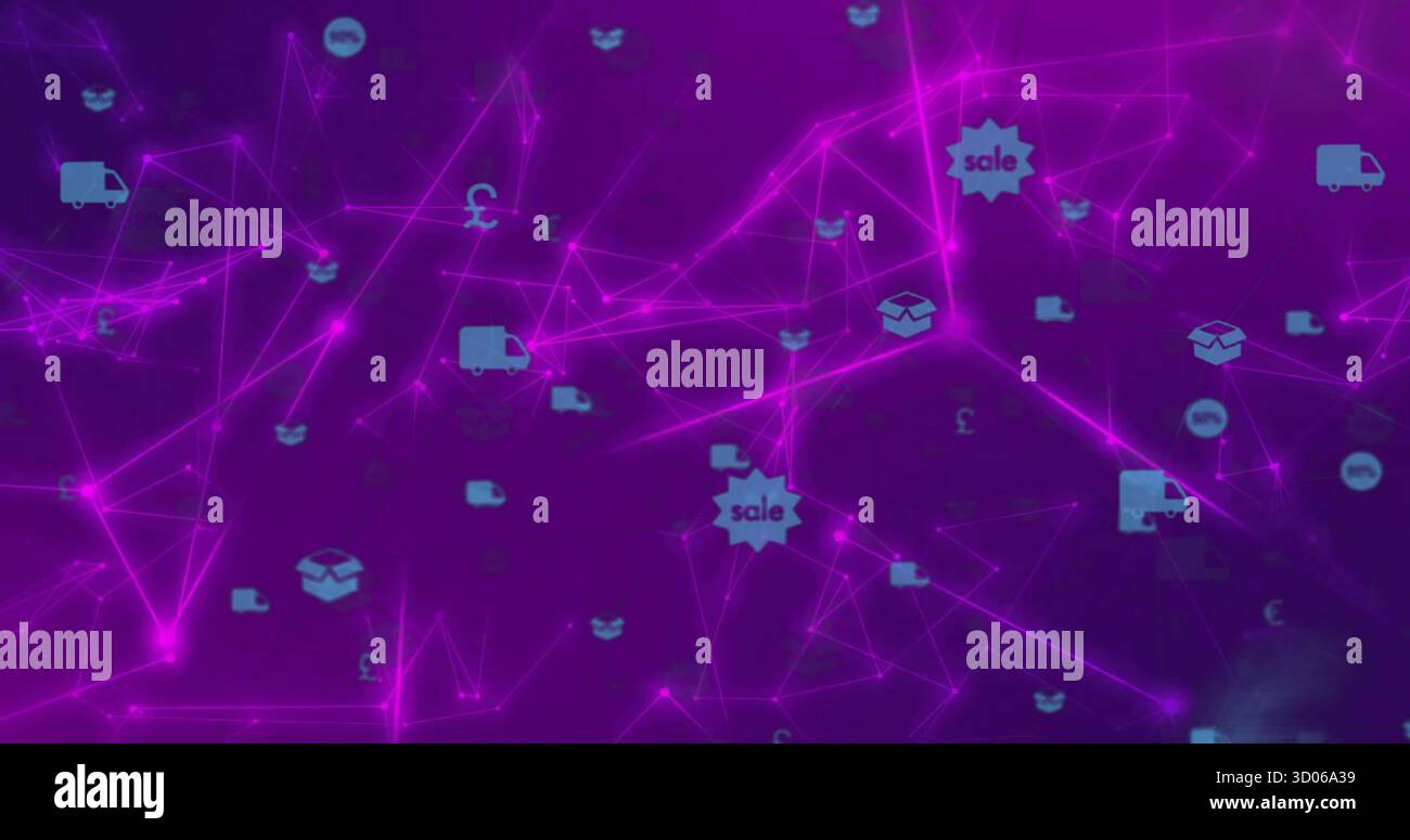 Anzeige einer digitalen Netzwerkgrafik, die über violettem Hintergrund pulsiert, mit hellblauen E-Commerce-Symbolen Stockfoto