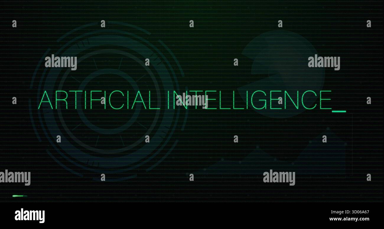 Anzeige von neongrünem Text, der KÜNSTLICHE INTELLIGENZ  auf einem Rasterkreis liest, mit Robotersilhouette Stockfoto