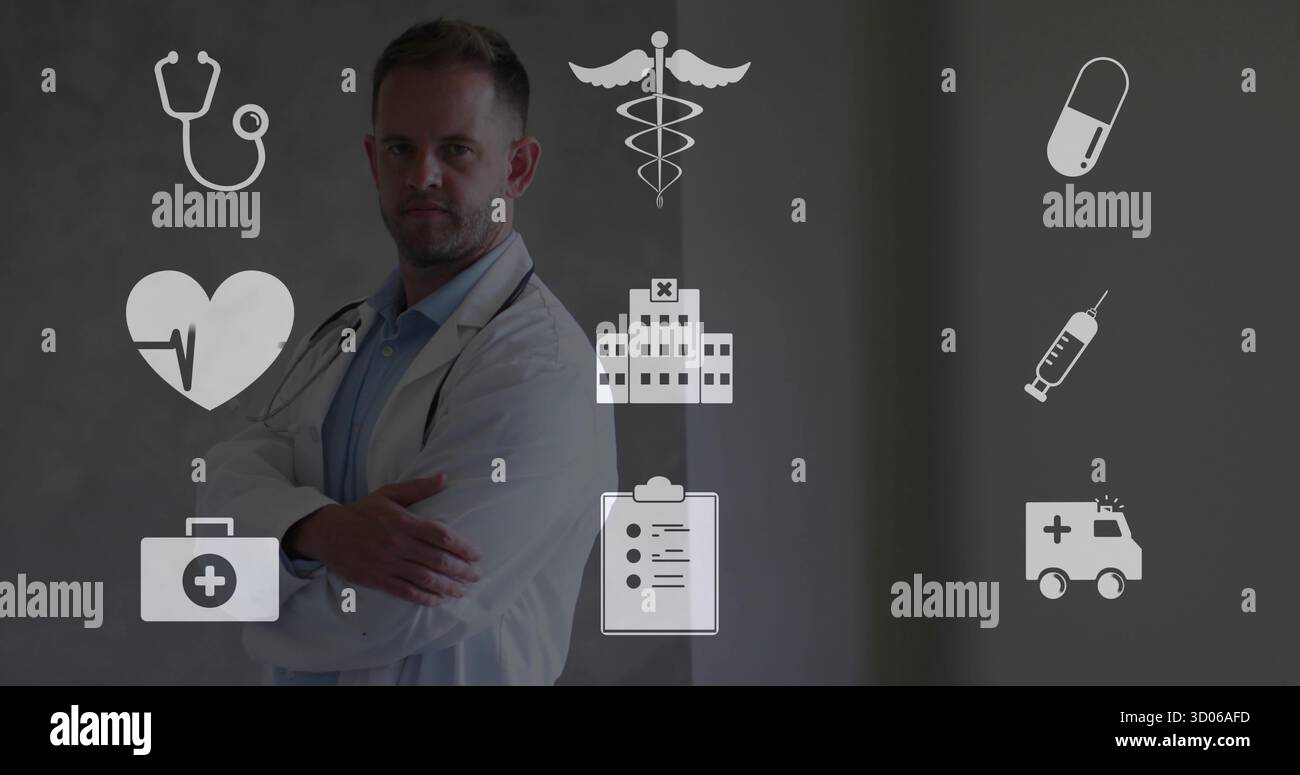 Stehender Arzt mittleren Alters, der Arme im Flur kreuzt, mit Stethoskop, schwebenden Ikonen, Kopierraum Stockfoto