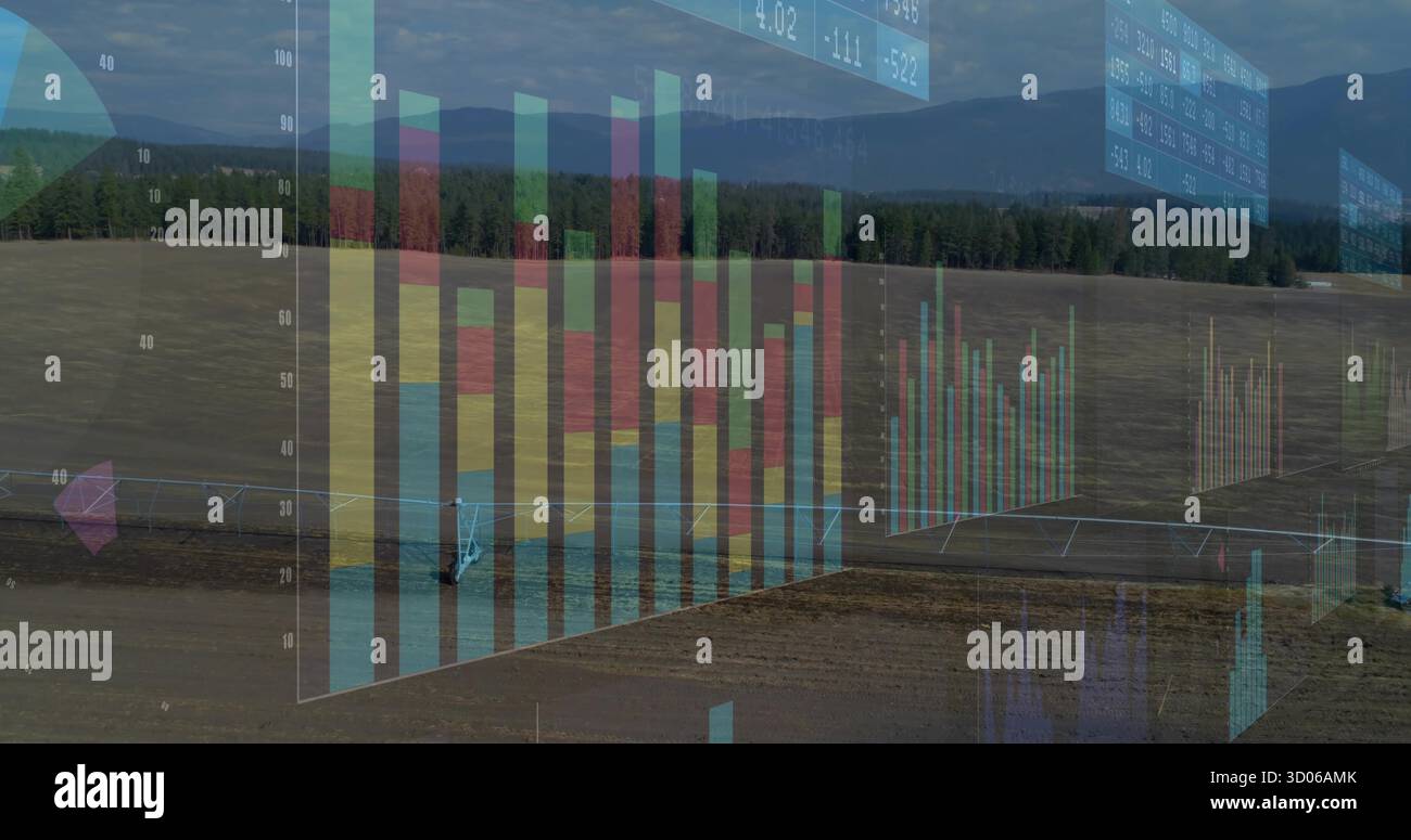 Pflügen von blauem Traktor zur Bodenbearbeitung auf ländlichem Ackerland mit schwimmenden Balkendiagrammen und Liniendiagrammen Stockfoto