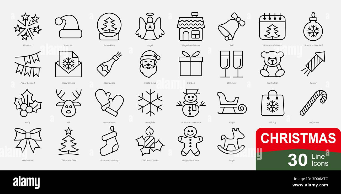Ein sauberes und modernes Set mit 30 Weihnachtssymbolen. Minimale Umrissvektorillustrationen mit Weihnachtsmann, Schneemann, Rentier, Geschenkbox, Schneeflocke, Stock Vektor