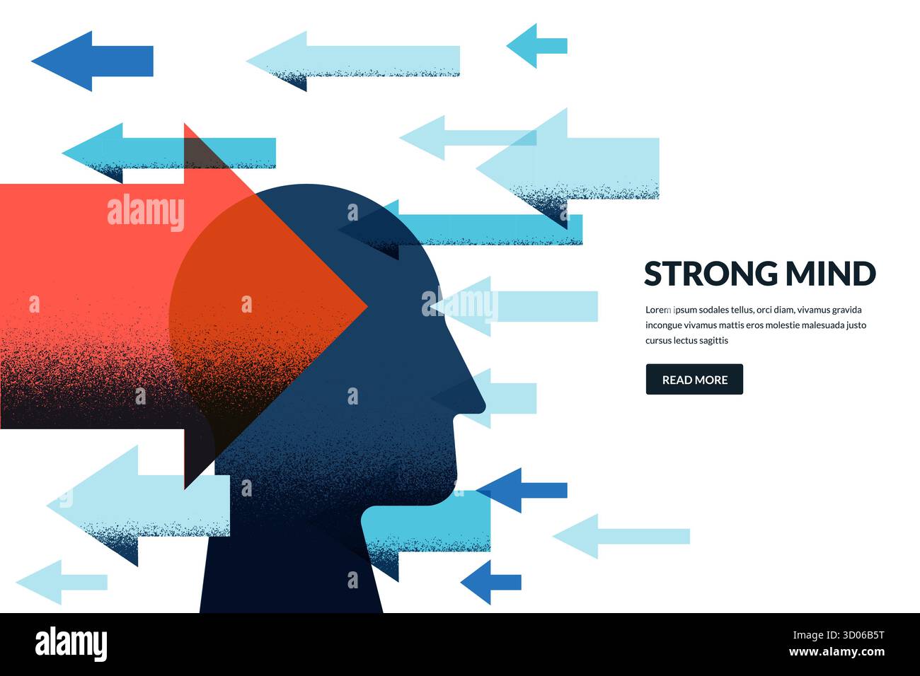 Abstrakter menschlicher Kopf mit roten und blauen Pfeilen in verschiedenen Richtungen. Geometrische Vektorabwicklung. Konzept für Strategie, Führung, Geschäft i Stock Vektor