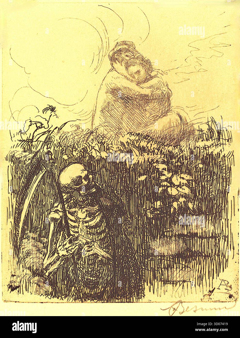 Albert Besnard – On the Lookout (Aux Aguets) – 1900 – zeigt ein Paar, das sich auf einem Feld umgibt, während eine Figur, die den Tod darstellt, ein Skelett mit einer Sense, in der Nähe im hohen Gras lauert. Die Ätzung ist die 12. Platte in einer Serie von 26 allegorischen Szenen mit dem Titel Elle, die vom Sammler Joseph Vitta in Auftrag gegeben wurde und Themen im Zusammenhang mit Liebe, Leidenschaft und Tod untersucht. Besnard, der für seine Arbeiten in verschiedenen Medien bekannt ist, darunter Ätzungen, Pastellfarben und Ölmalerei, war eine bedeutende Figur in der symbolischen Kunst. Stockfoto