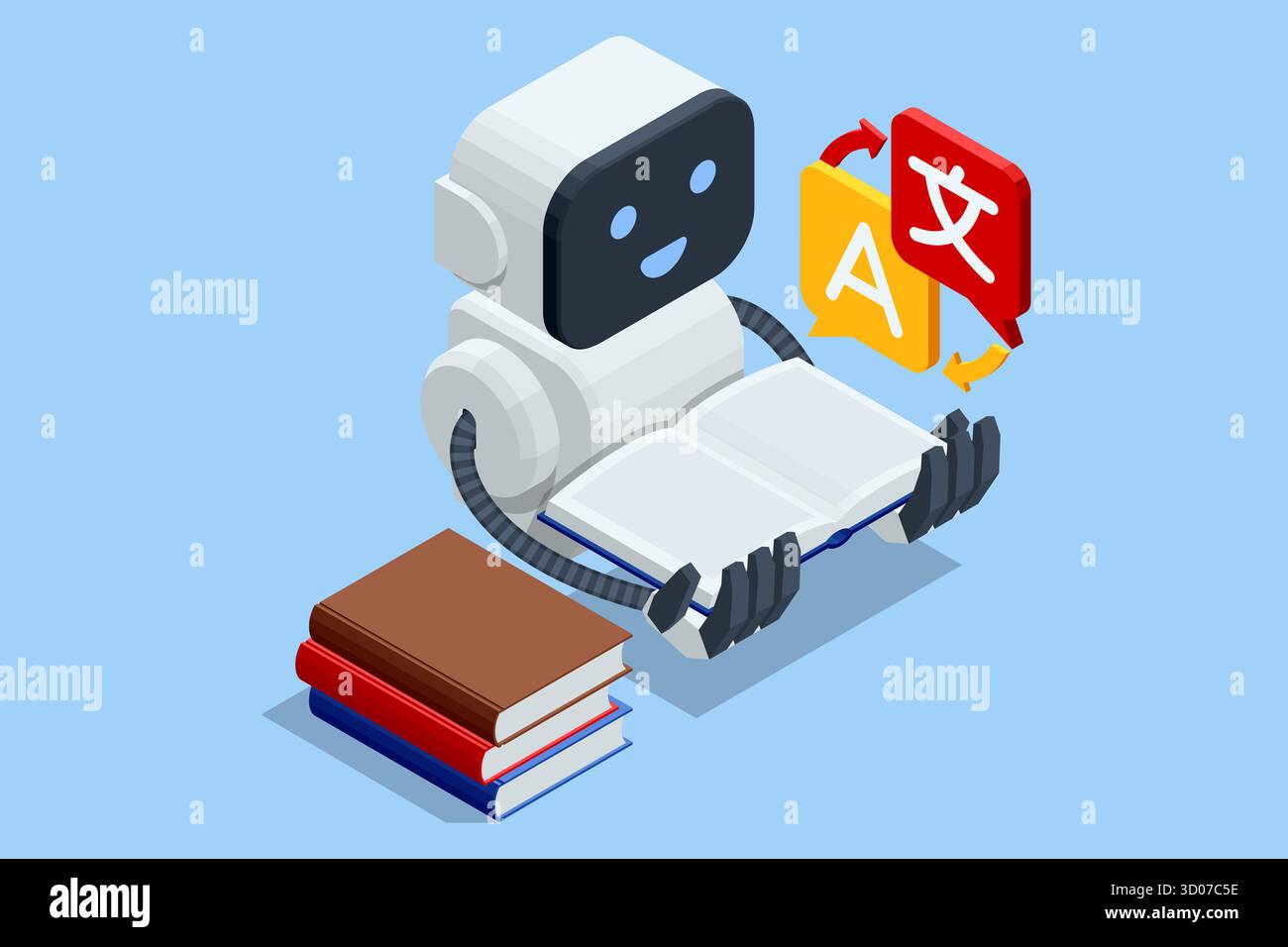 Isometrischer KI-Roboter, der Buch mit Symbolen für die Sprachübersetzung liest. Das Konzept der künstlichen Intelligenz, des Lernens und der Übersetzungstechnologie. Stock Vektor