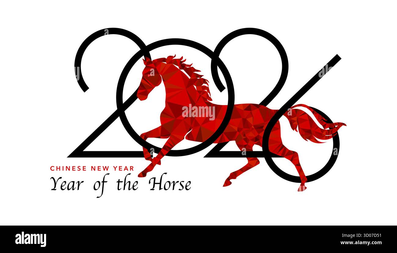 2026 Chinesisches Neujahrslogo. Das Jahr des Pferdes. Moderner dreieckiger Stil für Umschlag, Karte, Poster, Banner, Sternzeichen, Vorlage. Vektor Stock Vektor