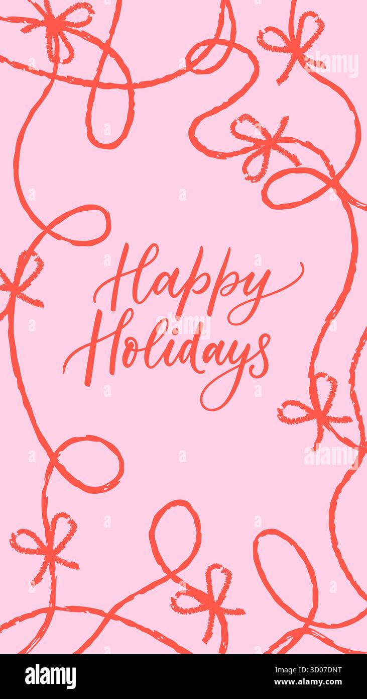 Vertikales Banner mit rosa und roten Schleifen. Vektorbleistift oder Kreide Hand gezeichneter Hintergrund mit Seil. Einladung zur Weihnachtsfeier, Poster, gre Stock Vektor