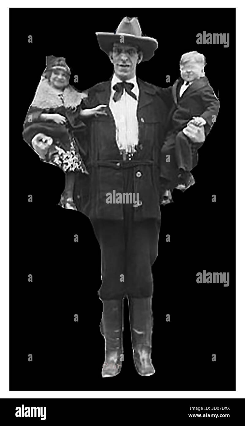 Eine Werbekarte ohne Untertitel aus dem Jahr 1940 sollte „Giant Cowboy Slim“, auch bekannt als Slim the Giant Cowboy, zeigen, einen amerikanischen Sideshow-Künstler, der für seine bemerkenswerte Größe (1,2 cm groß) und seine Cowboy-Kleidung bekannt ist. Richtiger Name war Henry 'Slim' McHugh. Stockfoto