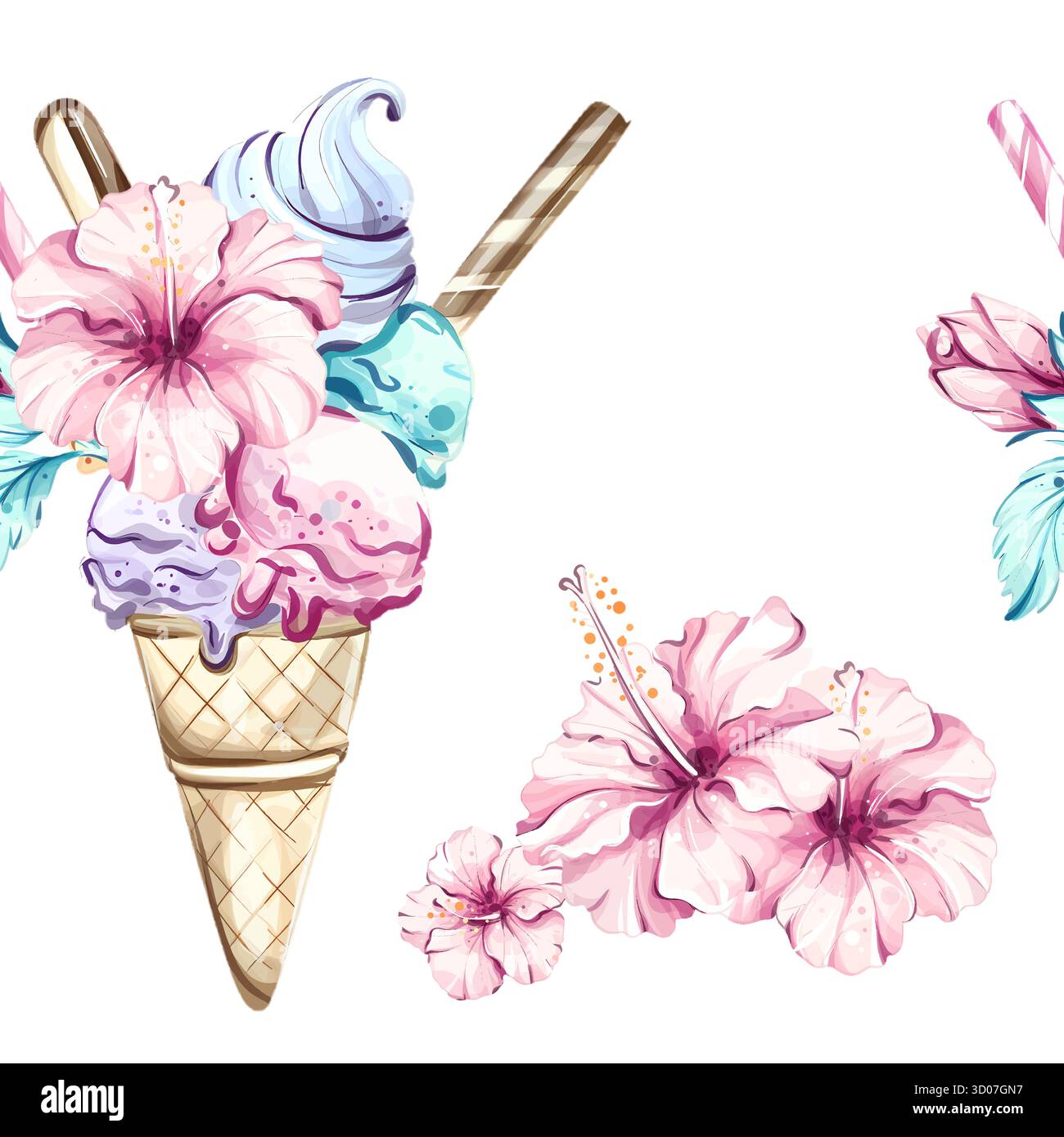 Lebendige Hintergrundtapete mit nahtlosem Muster für den Sommer mit Eiskegeln, die mit Hibiskusblüten verziert sind, für festliche und Urlaubsstimmung Stock Vektor