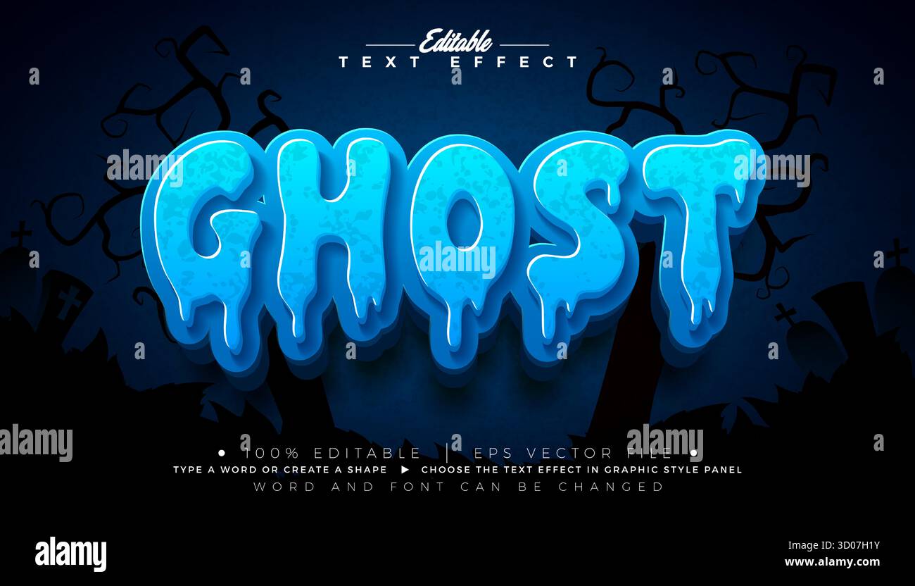 Illustration Für Ghost Text-Effekt. Editierbarer grafischer Stil mit Nachtblau Typografie-Schriftzug auf gruseligem Friedhof Halloween Hintergrund. Skalierbarer Vektor Stock Vektor