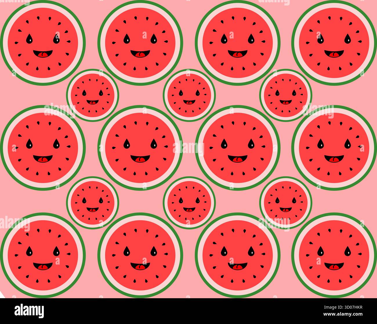 Musterhintergrund von niedlichen, lächelnden Zeichentrick-Wassermelonenkreisen von zwei Größen auf hellrosa Oberfläche. Wiederkehrende Texturillustration mit Happy Fruit Cha Stock Vektor