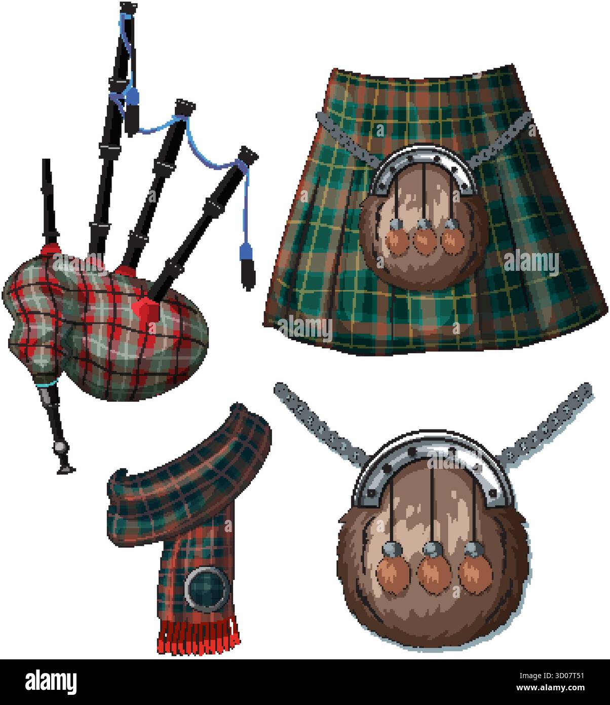 Lebendige Vektor-Illustration von schottischen Dudelsack, Schottenkilt, Sporran und Schal auf weißem Hintergrund. Stock Vektor