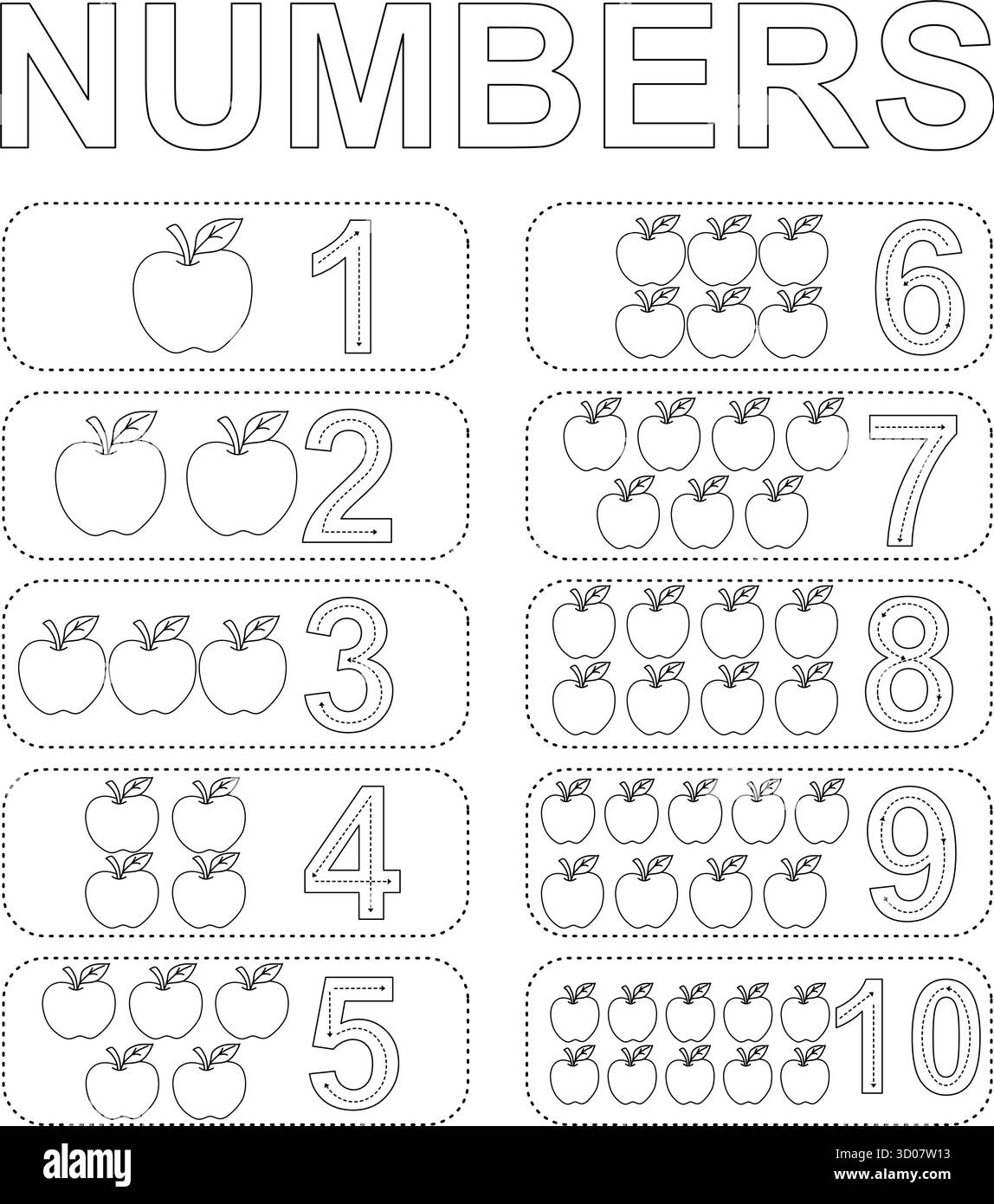 Lehrreiches Arbeitsblatt zur Schwarzweißfärbung für die Zahlen 1 bis 10 mit Äpfeln für die Zählpraxis. Rückverfolgungsbogen mit umrissener Karikaturfrucht und Stock Vektor