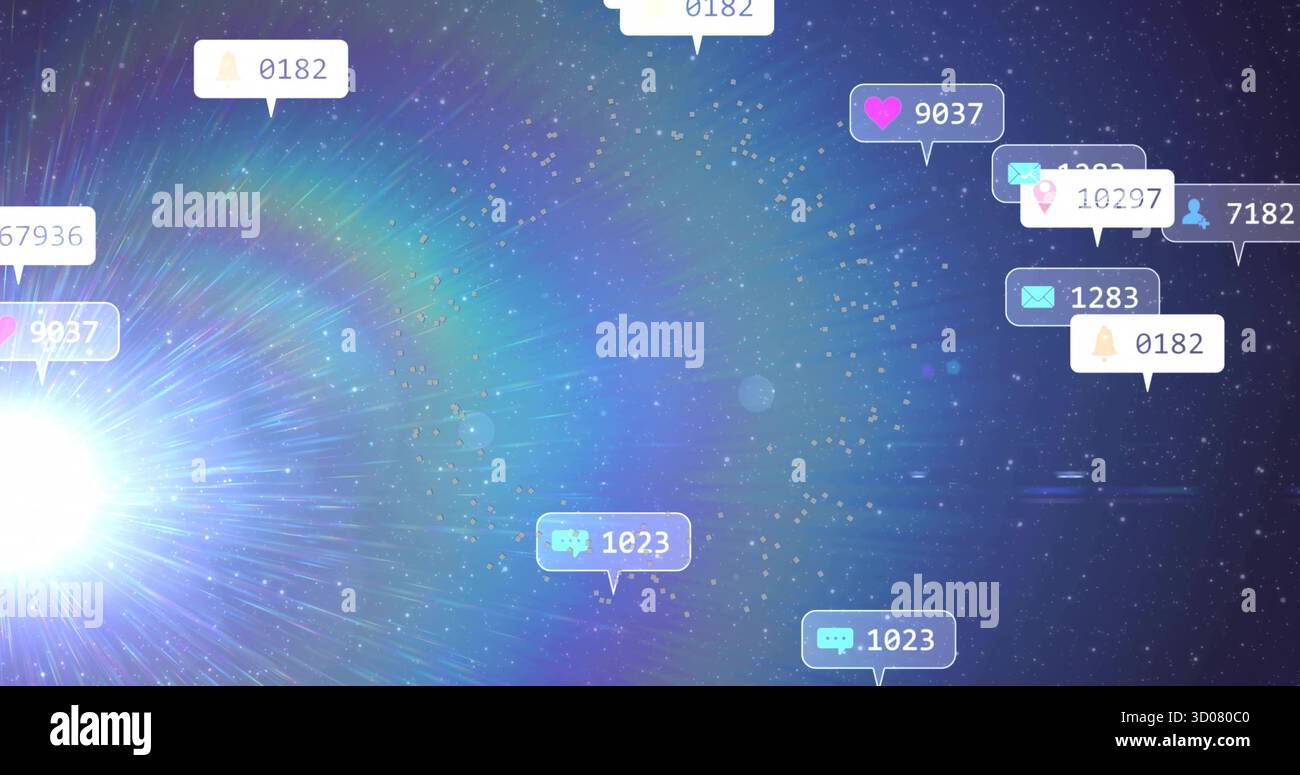Schwimmende Benachrichtigungsblasen, die die Anzahl der Benutzerglocken im Heart Chat Envelope im kosmischen Raum anzeigen Stockfoto