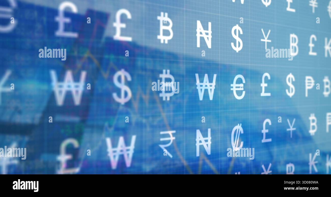 Anzeigen von Rasterüberlagerungen mit Währungssymbolen, wobei die virtuelle Handelsschnittstelle mit schwachen Diagrammen überlagert wird Stockfoto