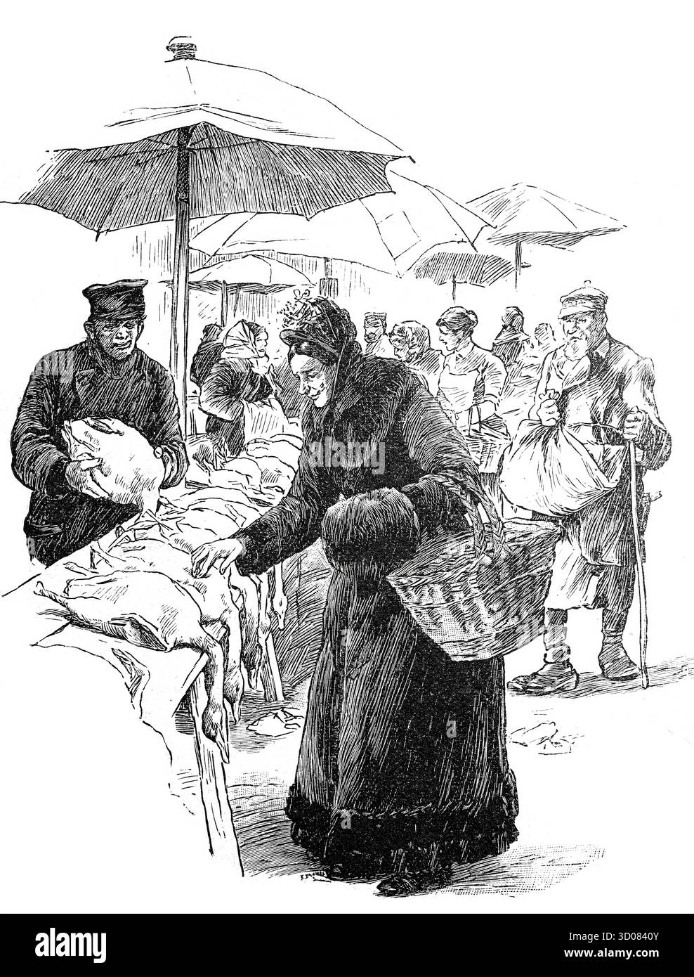 Weihnachten, Weihnachsessen, Frau beim Einkauf der Weihnachtsgans an einem Marktstand, Festessen, Geflügel, um 1880, Berlin, Deutschland, Historisch, Stockfoto