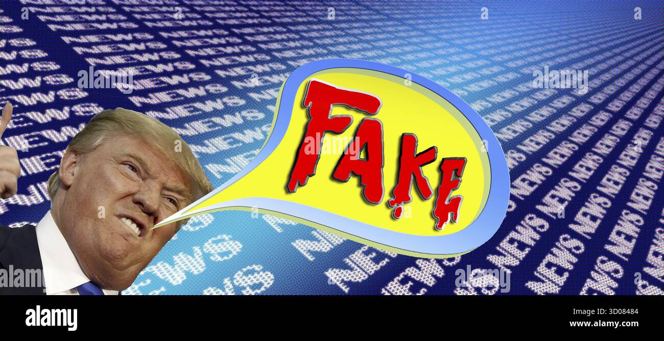 Symbolisches Image, Trump und Fake News, USA, Demokratie im Sturm, Freiheit, Individualität, soziale Gruppen, Menschlichkeit, Pressefreiheit, Journalismus, Journalisten Stockfoto
