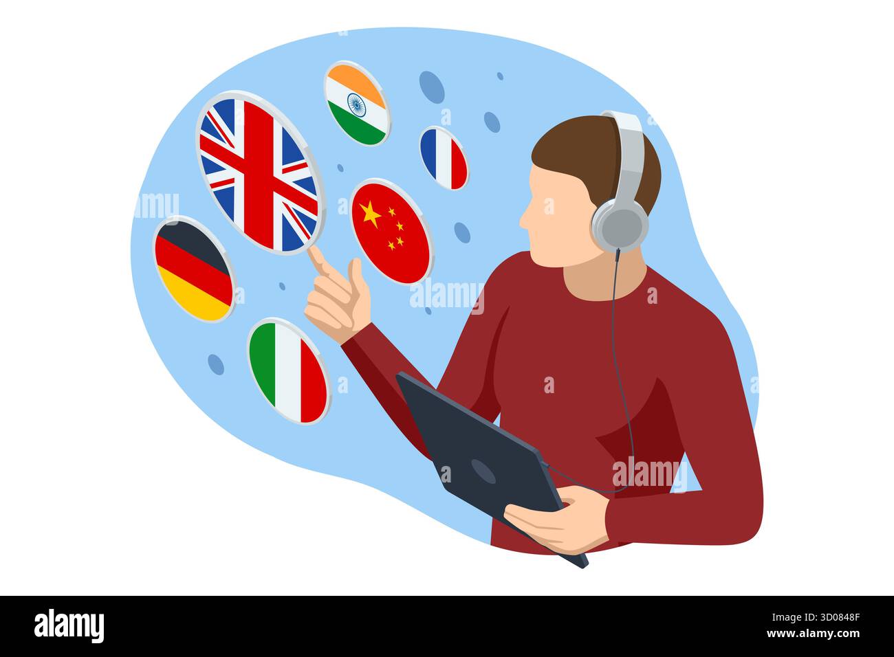 Isometrischer Mann mit Tablet und Kopfhörern, der online mehrere Sprachen mit dem KI-Übersetzungsassistenten erlernt. Konzept der globalen Bildung und der digitalen Welt Stock Vektor