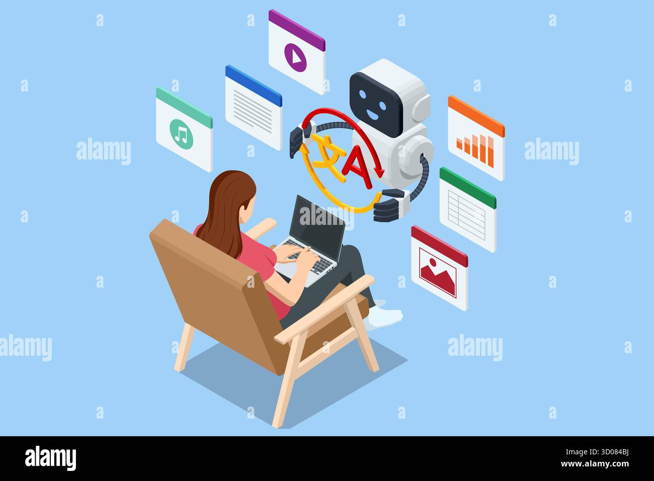 Isometrische Frau mit Laptop mit KI-Übersetzungsassistent. Konzept der künstlichen Intelligenz, der mehrsprachigen Kommunikation und des Online-Lernens. Stock Vektor