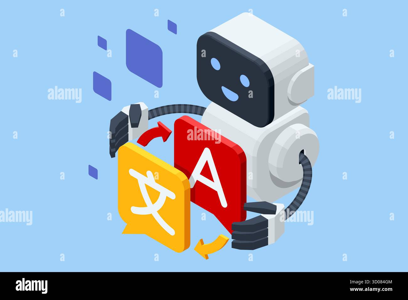 Isometrischer KI-Roboter, der zwischen Sprachen übersetzt. Konzept der künstlichen Intelligenz, Übersetzungstechnologie und mehrsprachiger Kommunikation. Stock Vektor