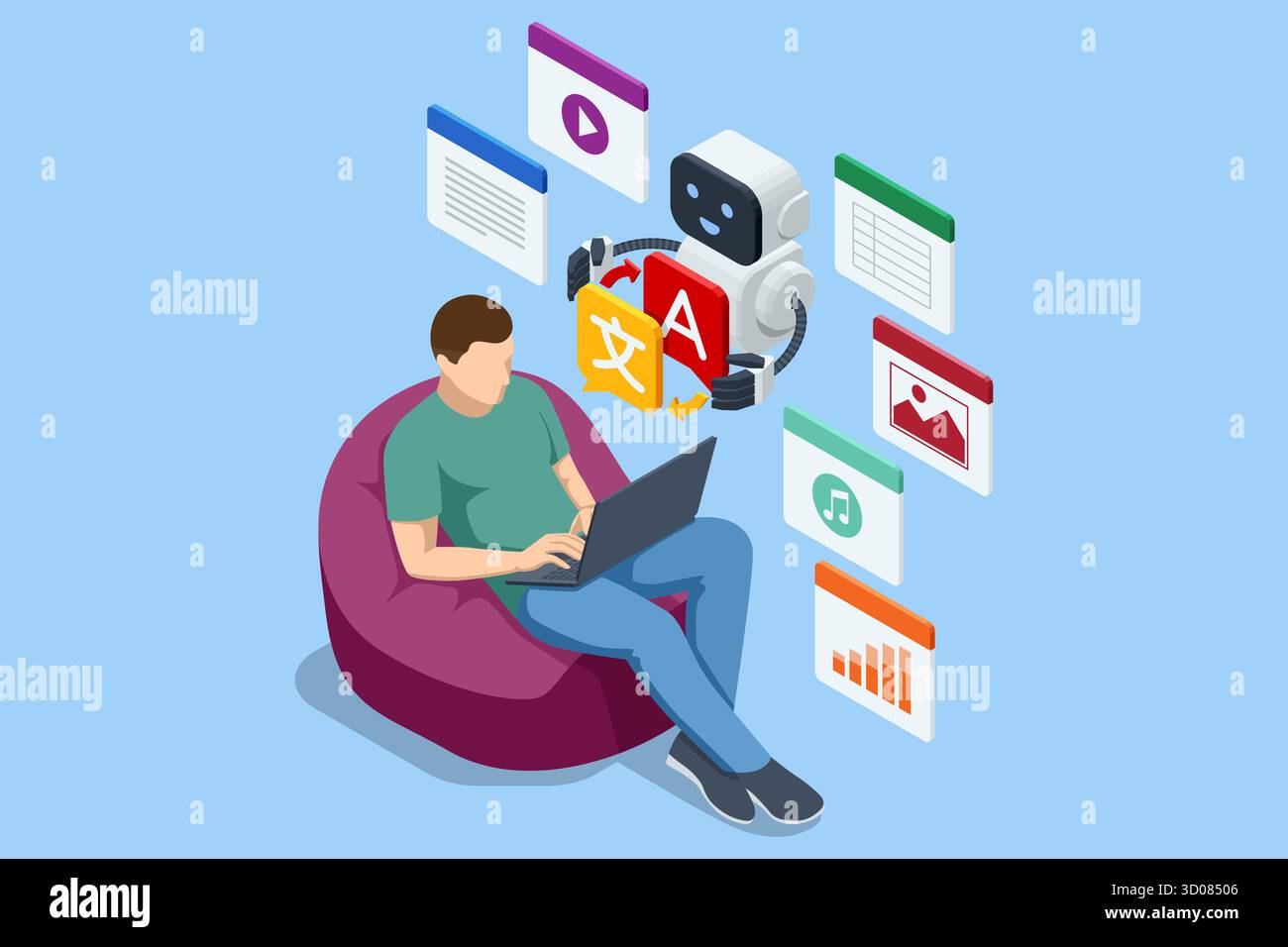 Isometrischer Mann mit Laptop mit KI-Übersetzungs-Roboter-Assistent. Das Konzept der künstlichen Intelligenz, Kommunikation und mehrsprachigen Bildung. Stock Vektor