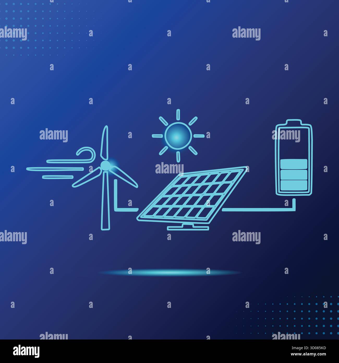 Ökosystem, Windkraftanlage, Solarmodul, Batteriespeicher, erneuerbare Energie, nachhaltige Elektrizität, saubere Energietechnologie, Umweltlösung Stock Vektor