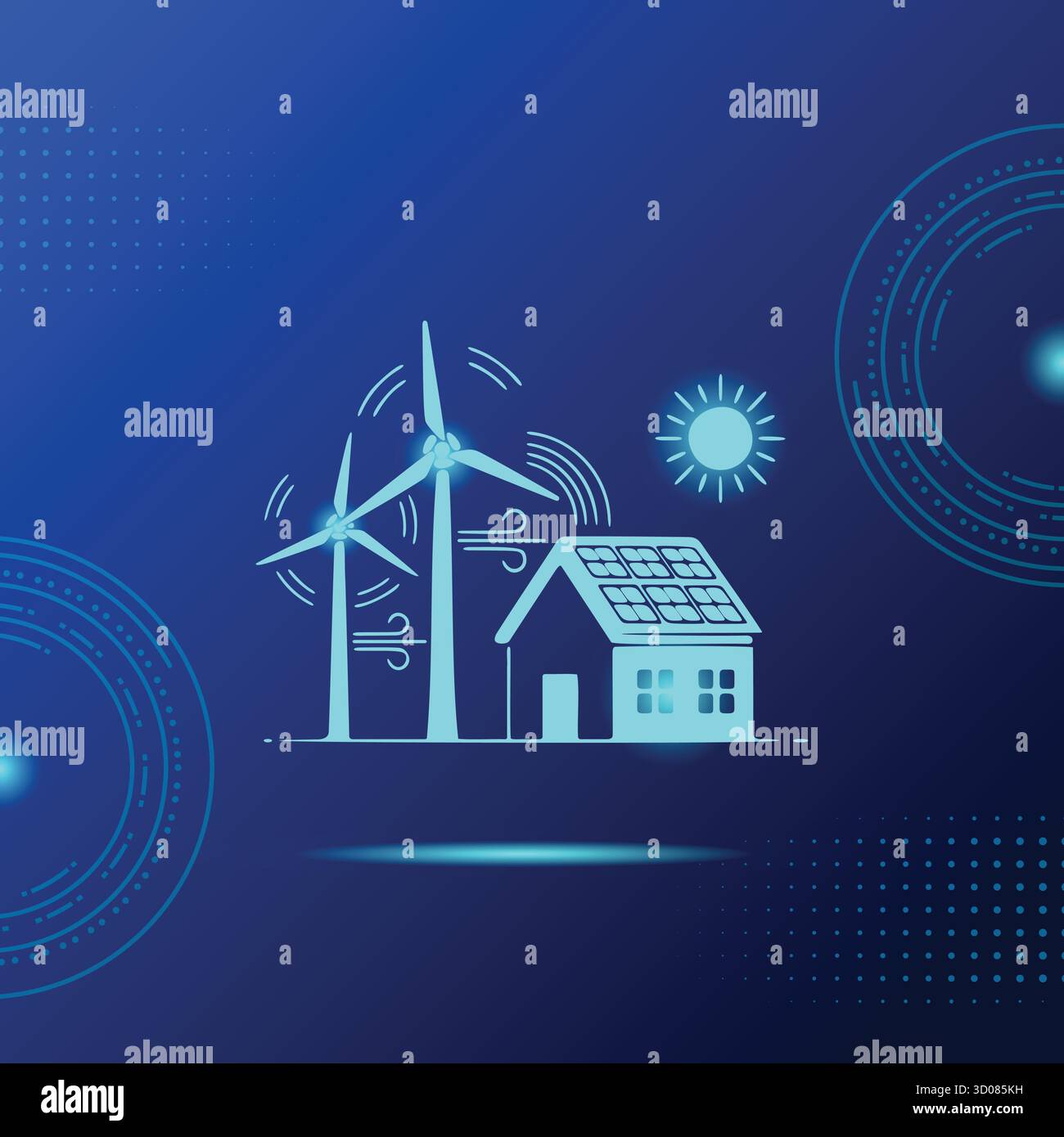 Konzept für nachhaltiges Wohnen, Öko-Haus, Windturbinen, Solarpaneele, Sonnensymbol, umweltfreundliches Gebäude, erneuerbare Hausenergie, Umweltdesign. Stock Vektor