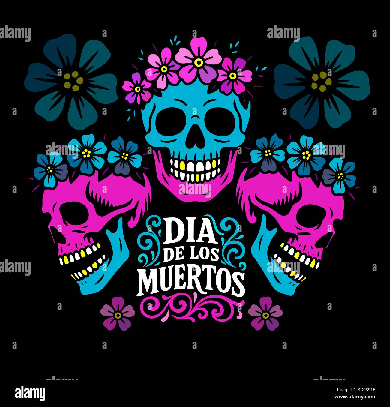 Picado-Rahmen aus mexikanischem Papel – verzierte Randausschnitte mit Totenkopfmotiven, Blumenmustern und dekorativen Kanten in blauen und rosa Farben Stock Vektor