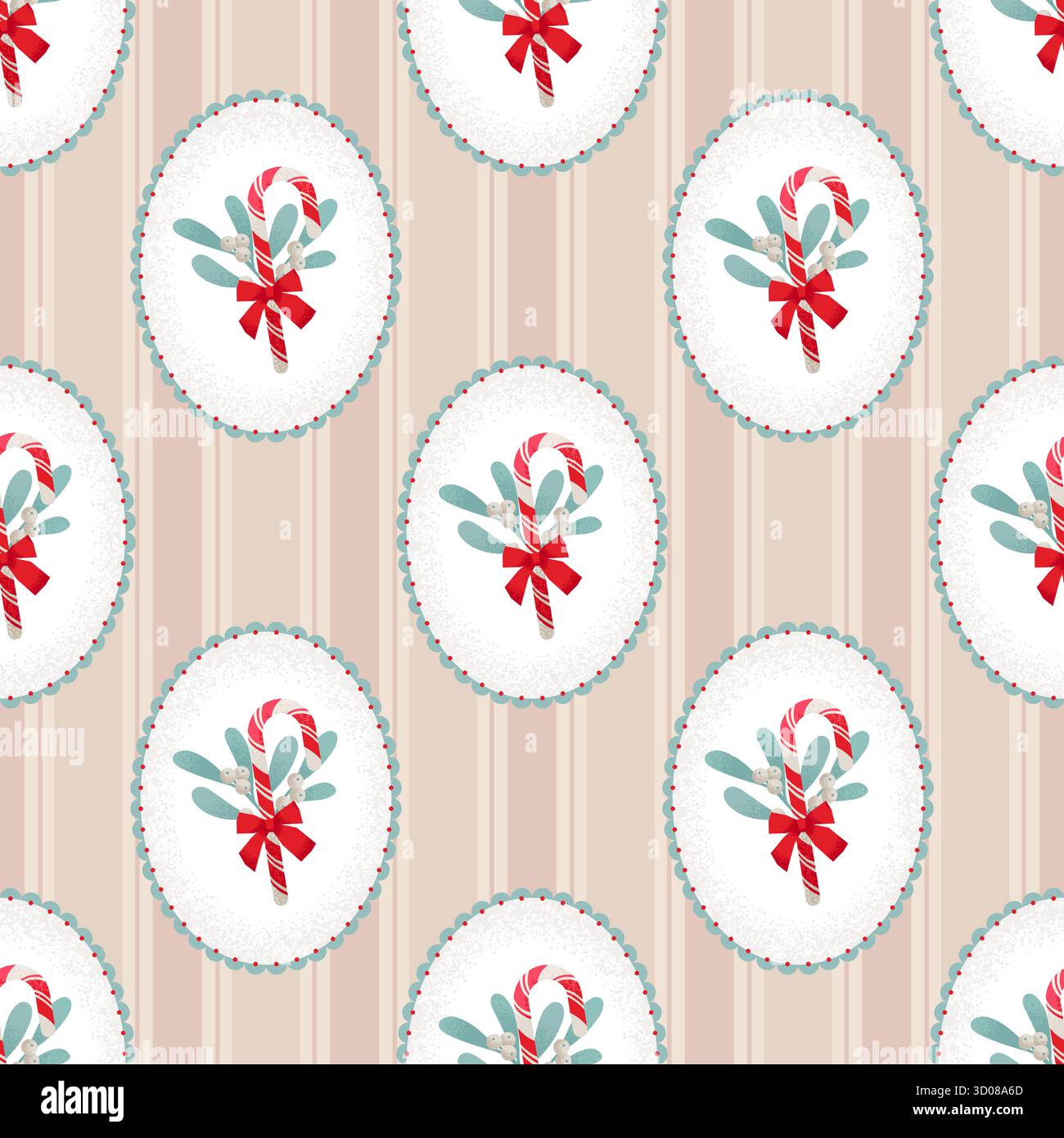 Coquette-Stil nahtlose Weihnachten Candy Stock Muster in einem Rahmen auf gestreiftem Hintergrund. Niedliche Vektor-Illustration Stock Vektor