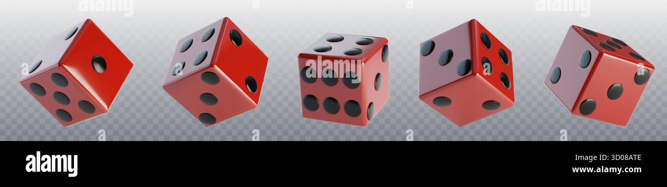 3D-rote Würfel mit schwarzen Punkten für Casino-Spiele – glänzende Würfel mit verschiedenen Zahlen und Winkeln auf transparentem Hintergrund. Spielsteine in verschiedenen Positionen. Brettspiel- oder Wahrscheinlichkeitselemente. Stock Vektor