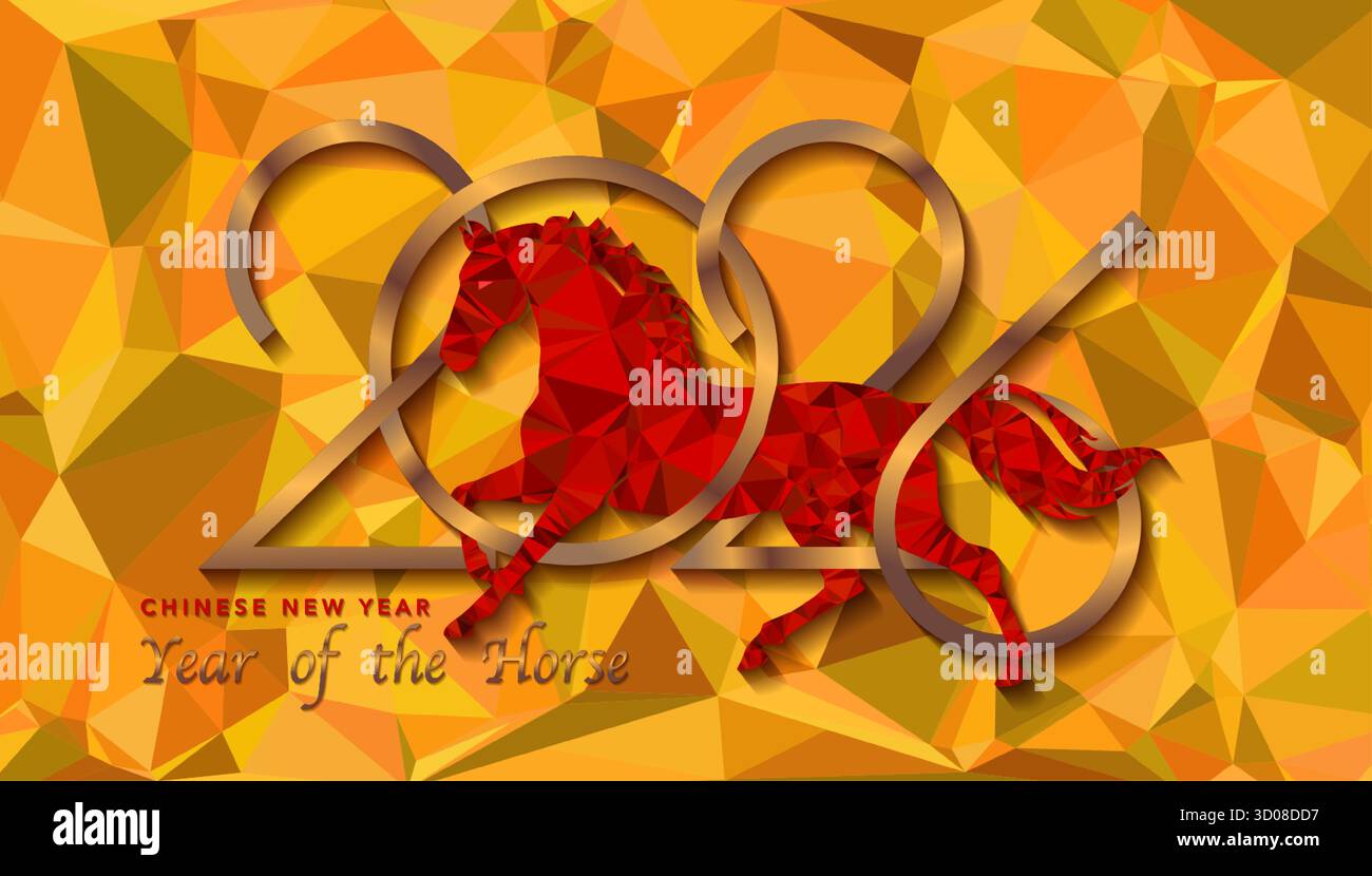 2026 Chinesisches Neujahr mit niedrigem Polyhintergrund. Das Jahr des Pferdes. Moderner dreieckiger Stil für Umschlag, Karte, Poster, Banner, Sternzeichen, Vorlage. Stock Vektor