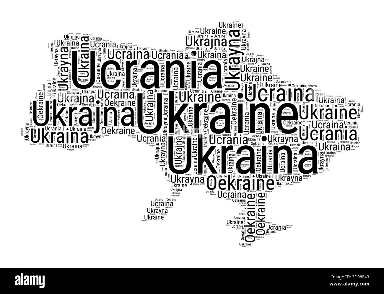 Schwarz-weiß-Wortwolke in ukrainischer Form. Einfache typografische Darstellung des Landes. Schwarze Wolke aus der Ukraine auf weißem Hintergrund. Stock Vektor