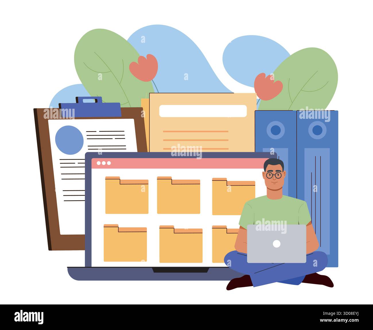 Mann, der digitale Ordner online organisiert. Vektorabbildung Stock Vektor