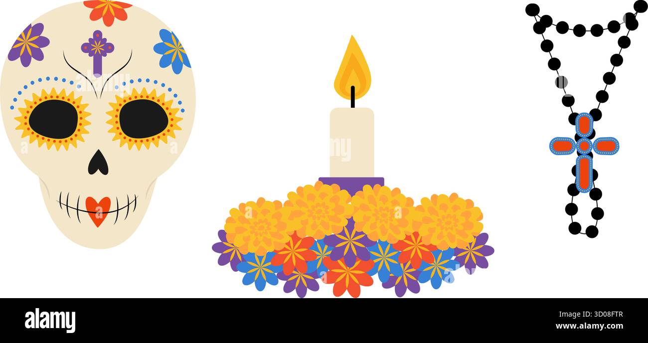 Sugar Skull Blumenaltar mit brennender Kerze und Rosenkranz mit Kreuz. Day of the Dead Design-Elemente. Isolierte Vektor-Illustration Icon Aufkleber mexikanische Feiertage verwandter Inhalt Grußbanner Broschüre Stock Vektor
