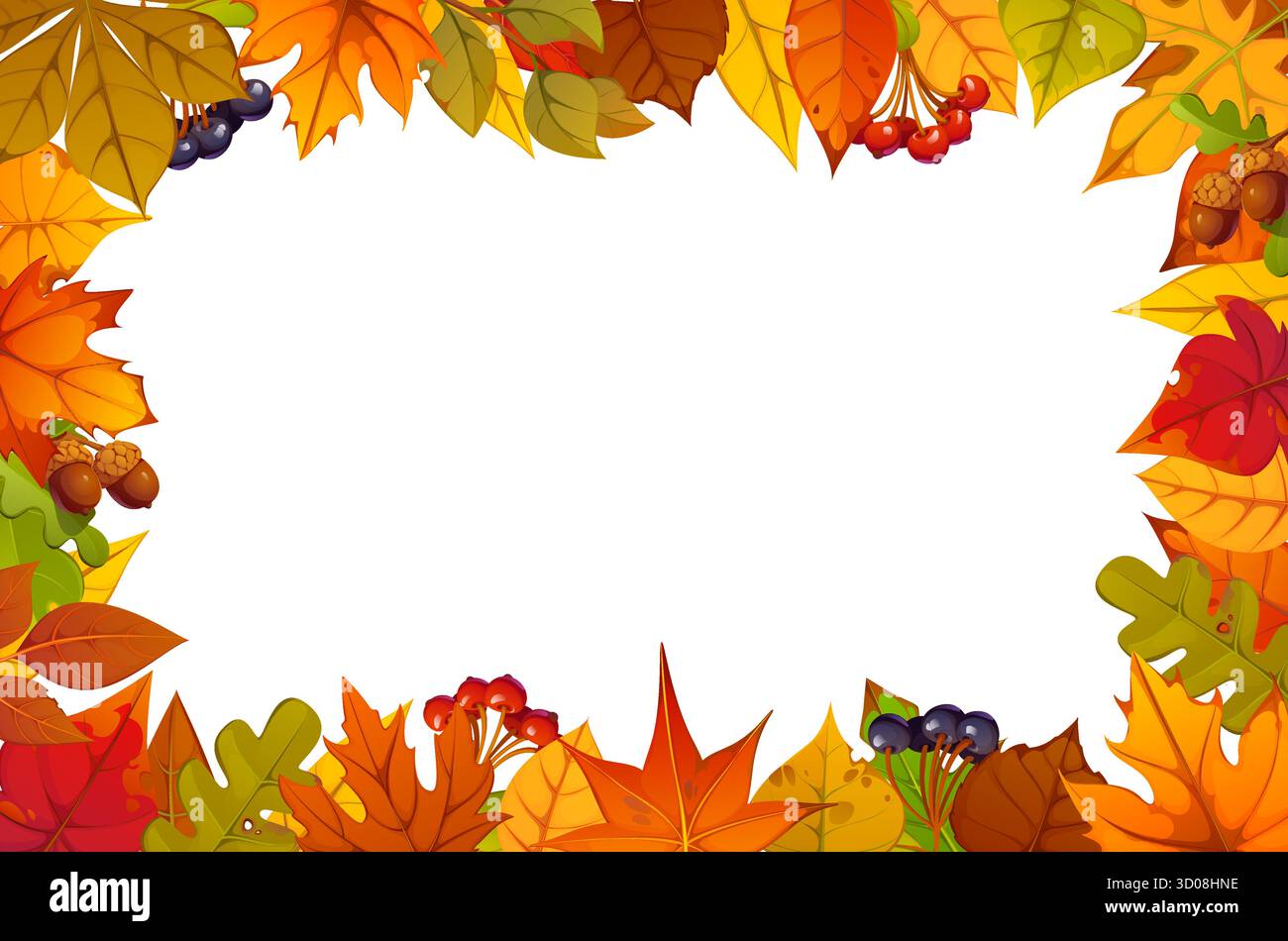 Saisonaler Rahmen im Herbst mit bunten Blättern, Beeren und Eicheln. Dekorative rechteckige Grenzschablone für festliche Einladungen, Schulbanner, Fotos oder saisonale Nachrichten Stock Vektor