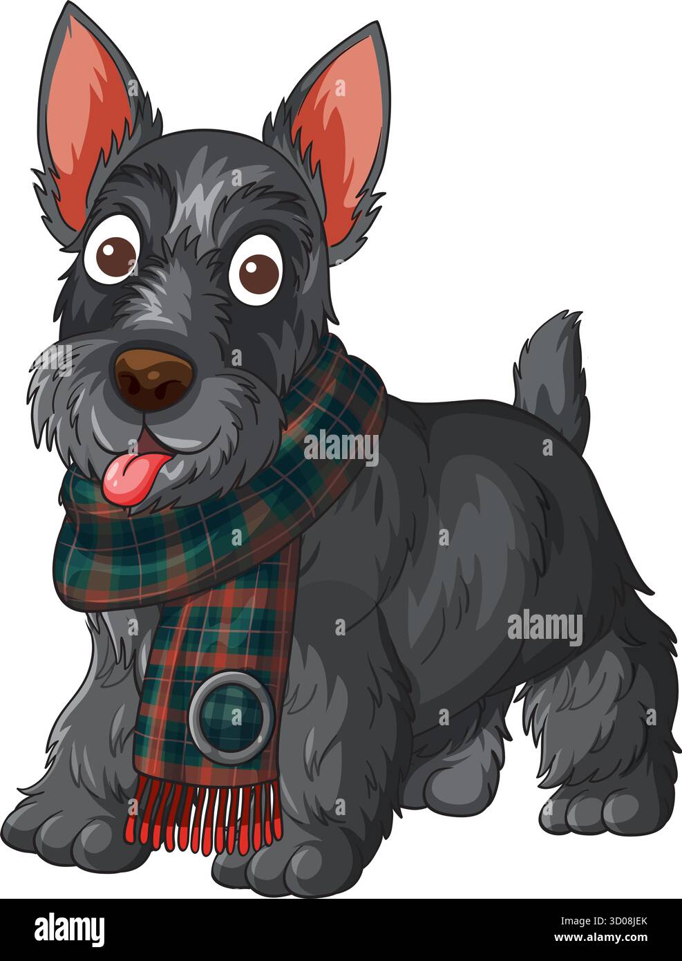 Cartoon Scottish Terrier Hund in grünem Schottenschal, ausdrucksstarke Augen, klare Vektorlinien, lebendige Farben. Stock Vektor