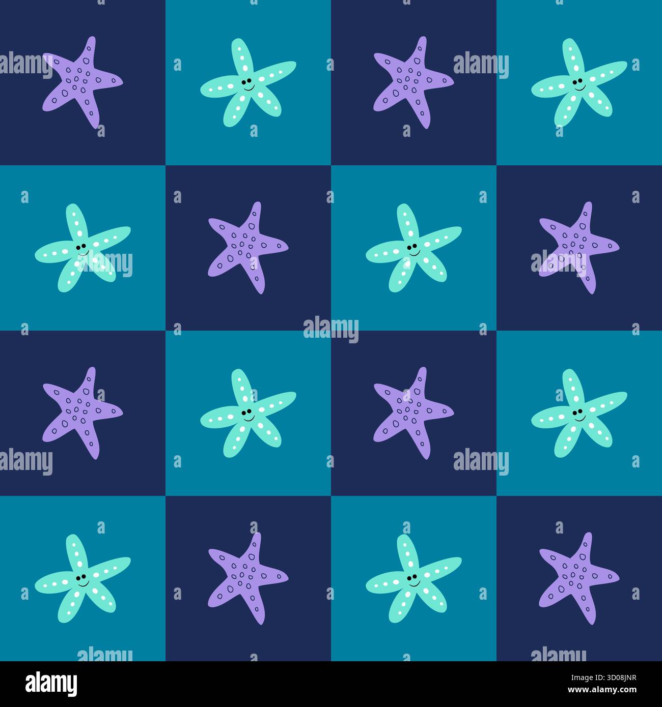 Nahtlos kariertes Marinemuster mit dunklen und hellblauen Quadraten, verziert mit violetten und blauen Seesternen, perfekt für Sommerkleidung, Strandaccessoires, Tapeten und Projekte im nautischen Stil. Stock Vektor