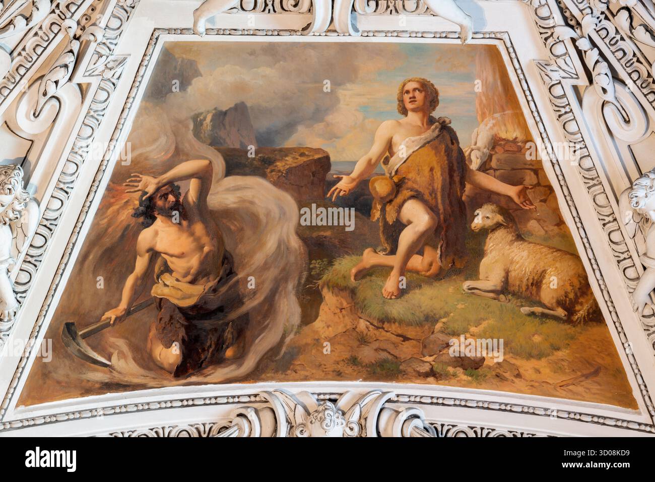 SALZBURG, ÖSTERREICH - 6. SEPTEMBER 2025: Die Deckenmalerei des Opfers von Kain und Abel im Dom von Ludwig Glötzle aus der zweiten Hälfte des 19. Jahrhunderts. Cent Stockfoto