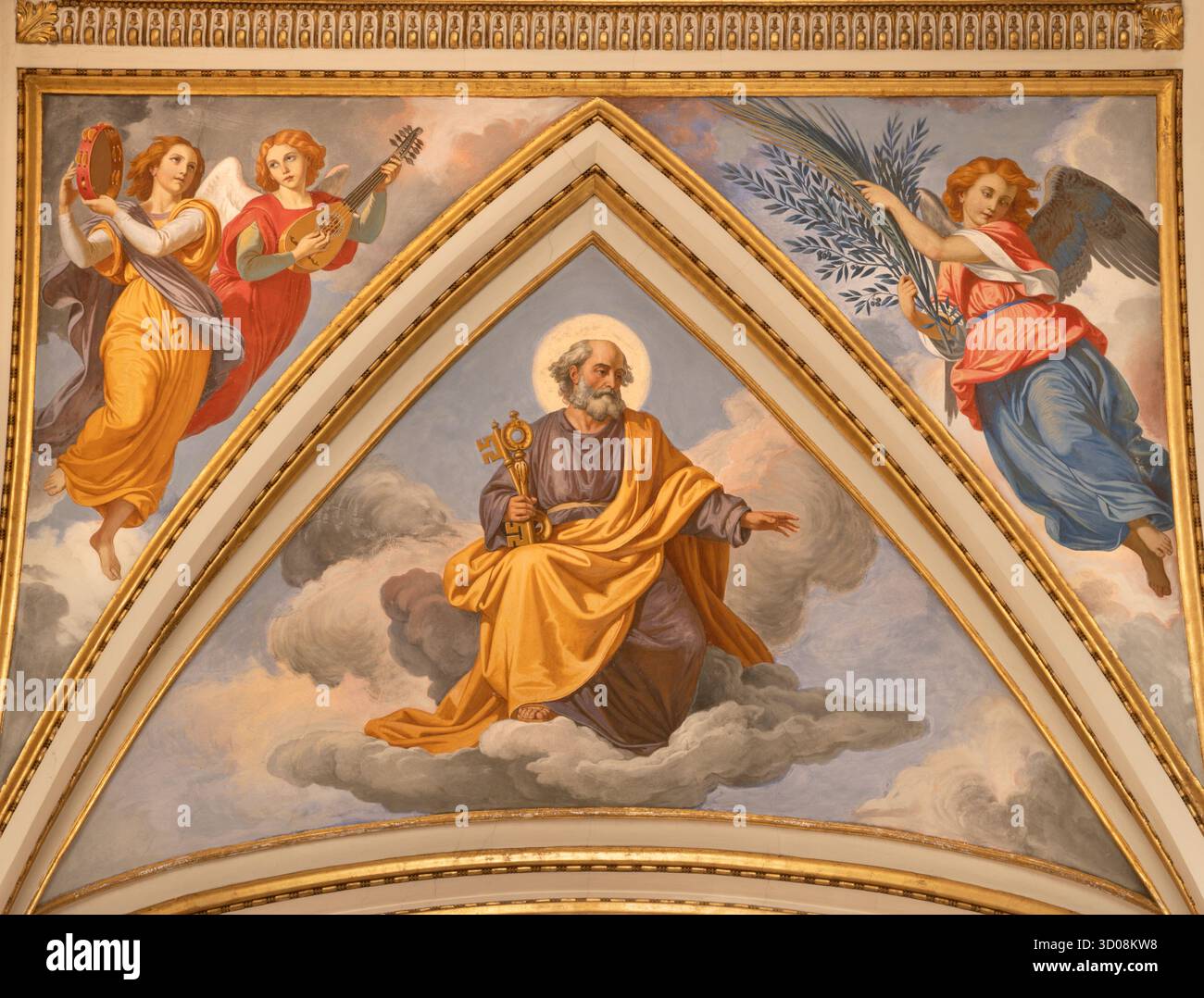 CAVA DE TIRRENI, ITALIEN - 7. OKTOBER 2025: Das Deckenfresko des Apostels St. Peter unter den Engeln in der Kirche Abbazia Santissima Trinita Stockfoto