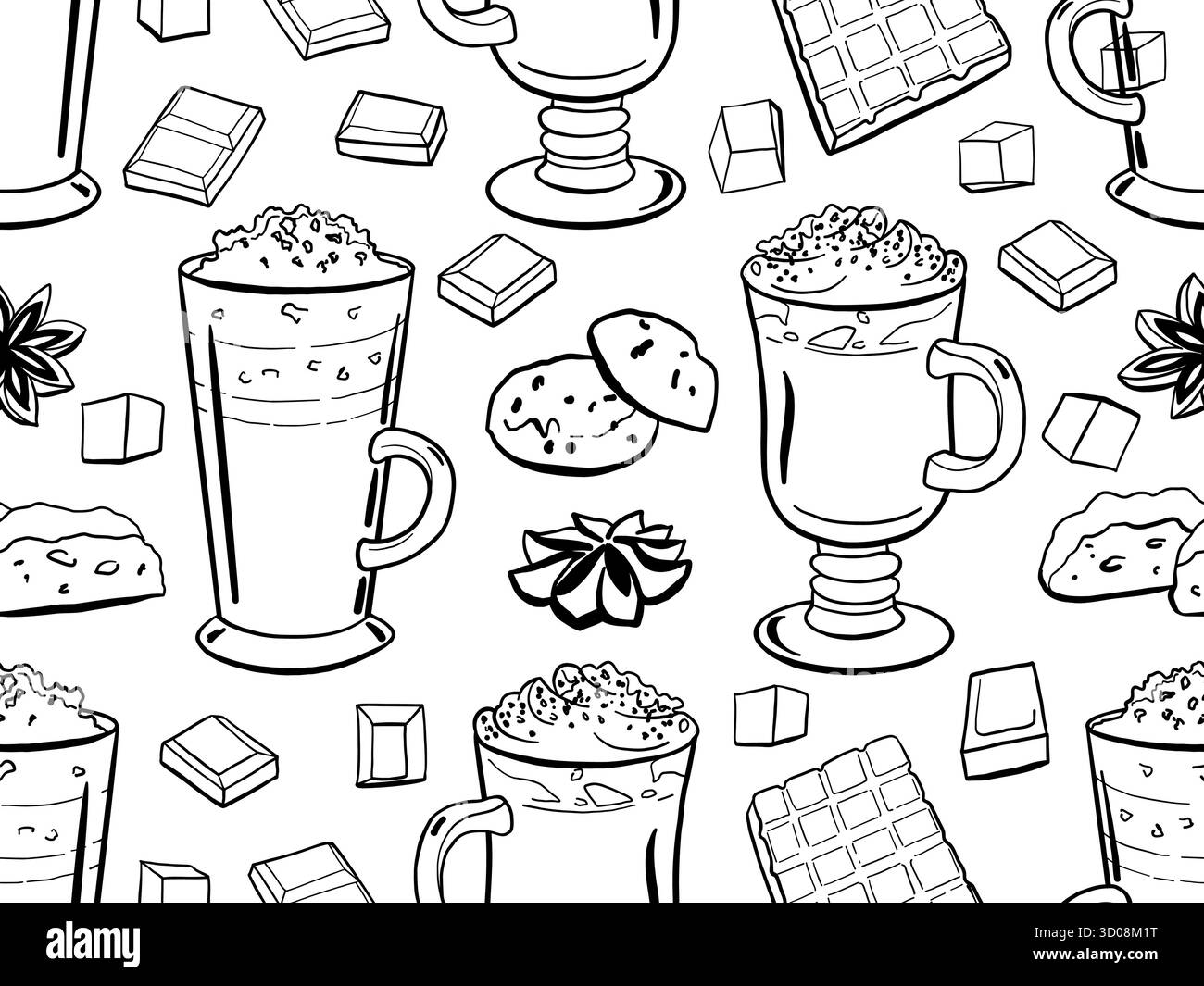 Weihnachten Pfefferminz Mokka Getränk nahtloses Muster mit Schokolade, Keksen. Saisonale Winter-Leckereien, handgezeichnete Doodle Vektor-Illustration. Getränke in gl Stock Vektor