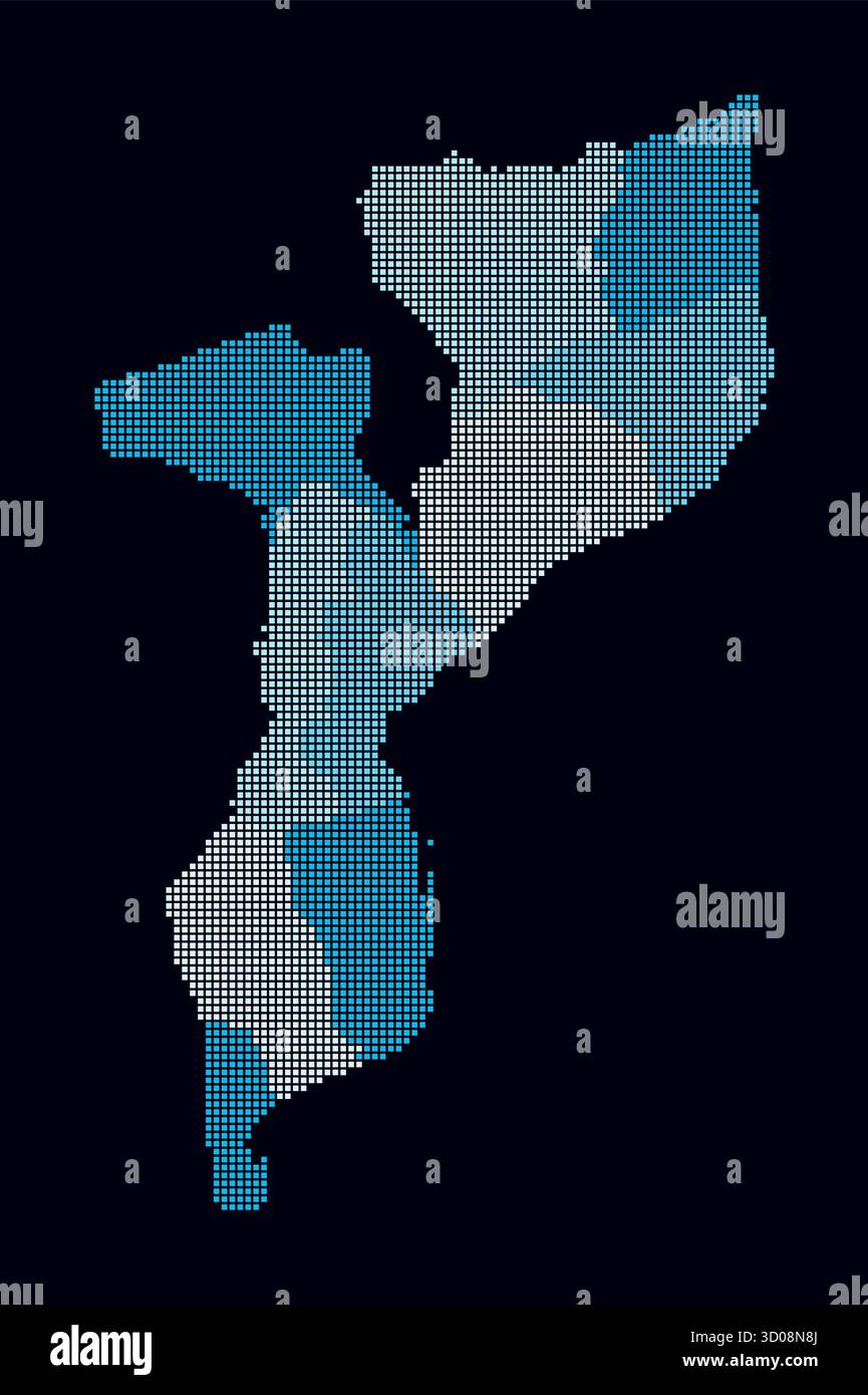 Gepunktete Mosambik-Karte. Digitale Landkarte des Landes auf dunklem Hintergrund. Mosambikanische Form mit quadratischen Punkten. Farbige Punkte. Stock Vektor