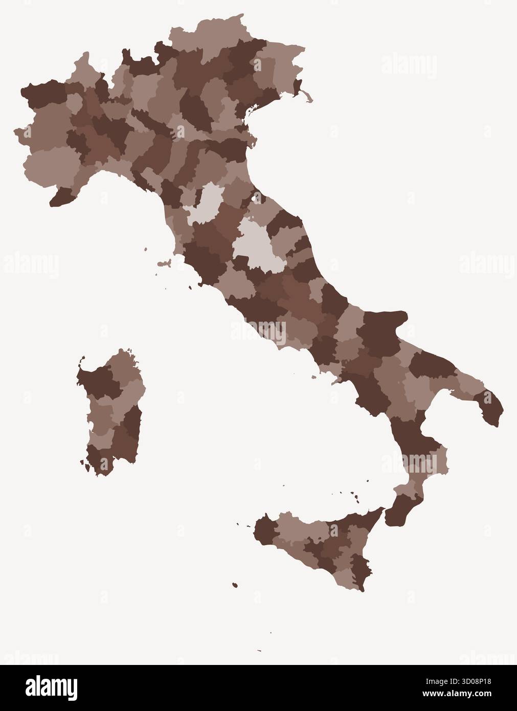 Karte von Italien mit Regionen. Nur eine einfache Ländergrenzkarte mit regionaler Aufteilung. Braune Farbpalette. Ganz Italien mit administrativer Unterteilung. Stock Vektor