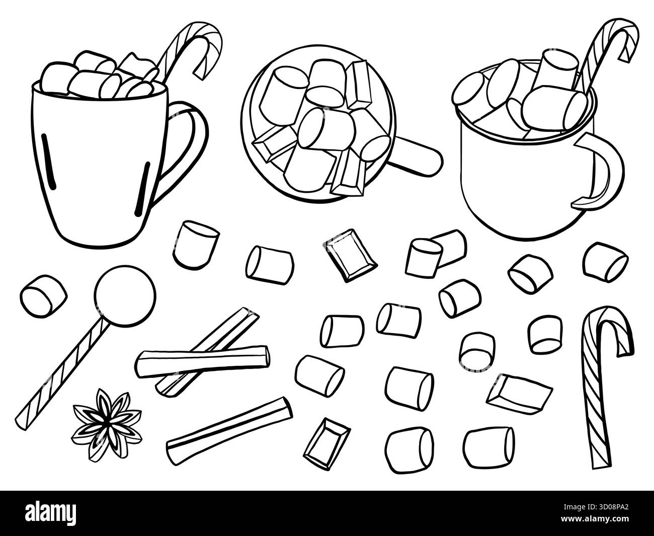 Heiße Weihnachtsschokolade mit Marshmallows. Set aus heißen Schokoladengetränken mit Marshmallows und Zimt. Saisonale Winterspezialitäten, handgezeichnetes Doodle vecto Stock Vektor