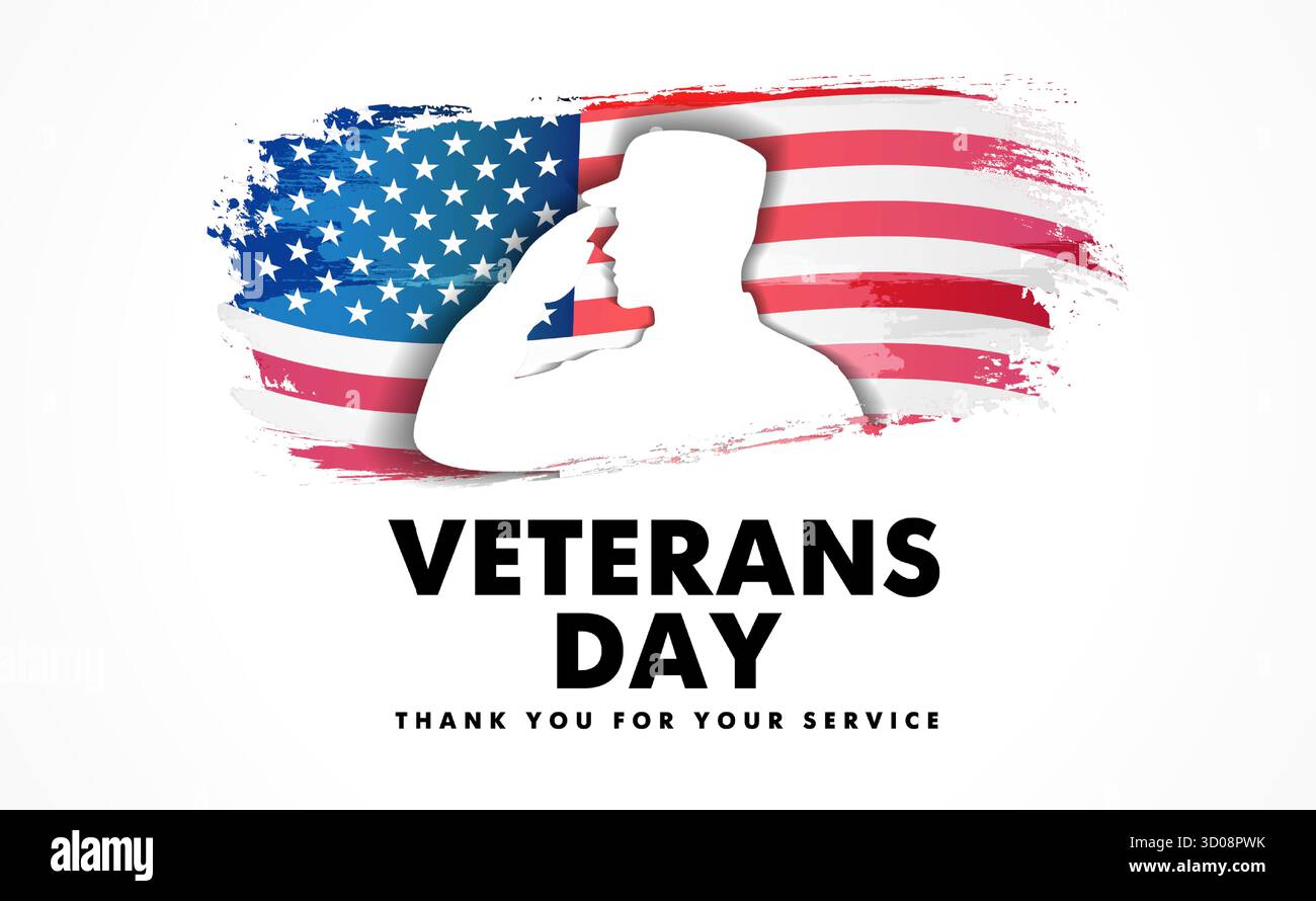 Happy Veterans Day USA-Banner mit Soldaten und Grunge-Flagge. Veterans Day, 11. November – Vielen Dank für Ihren Service, Vorlage für soziale Medien. Vektor Stock Vektor