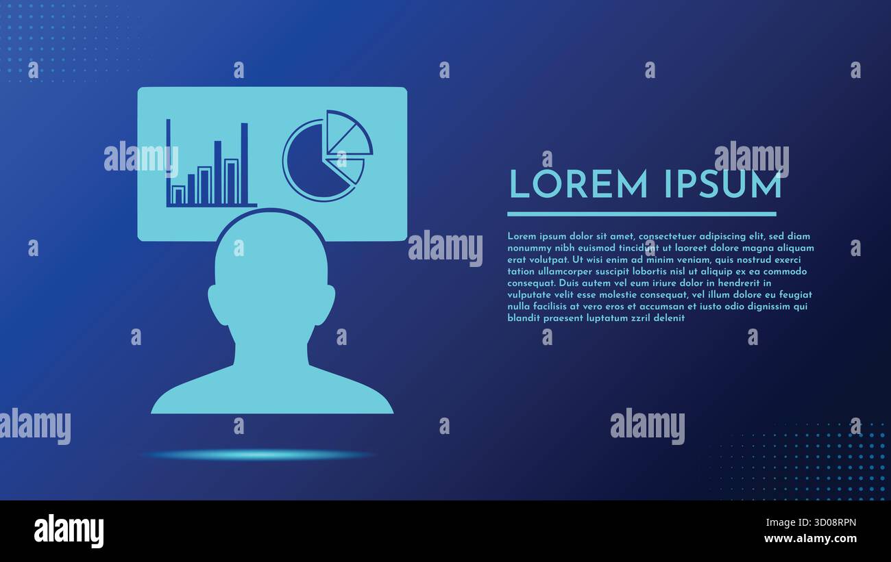 Menschliche Silhouette mit Datenanalysediagrammen auf dem Bildschirm, die Benutzeranalysen oder Business Intelligence darstellen, blauer Hintergrund mit Text Stock Vektor