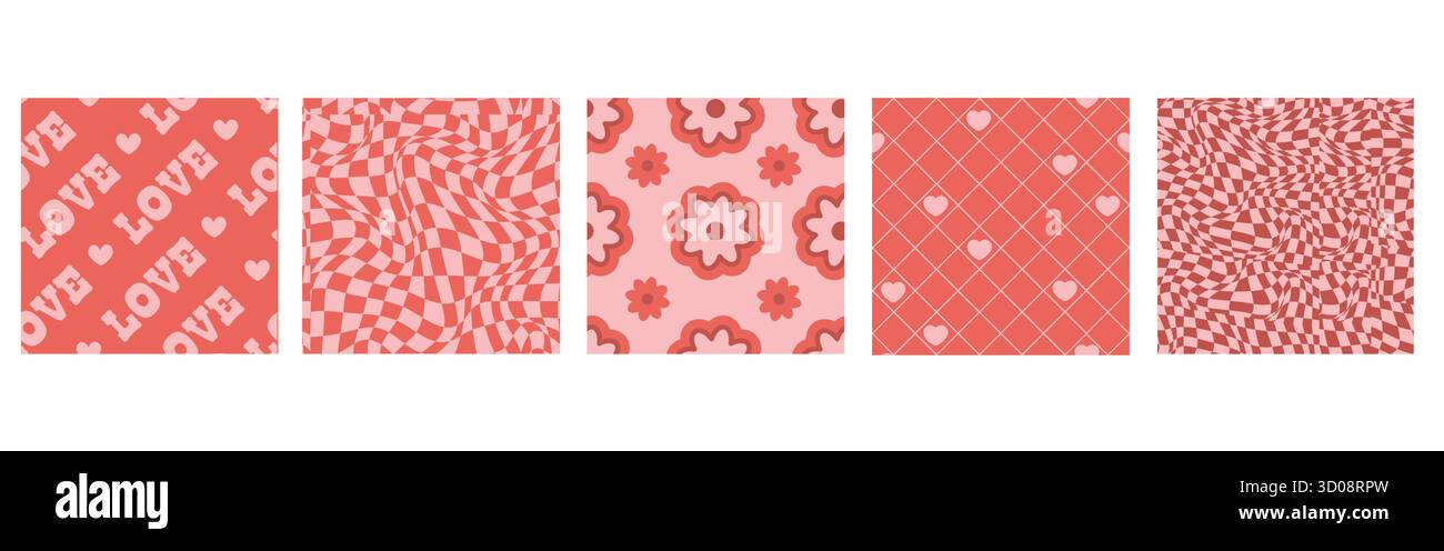 Rosafarbene Groovenmuster mit funky gewelltem Schachbrett, Valentinstag-Herzen, Retro-Blumen und diagonalen Gitterdesigns für romantische Hintergründe. Psychedelisch verzerrte Kollektion mit Liebe- und Gänseblümchenmotiven Stock Vektor