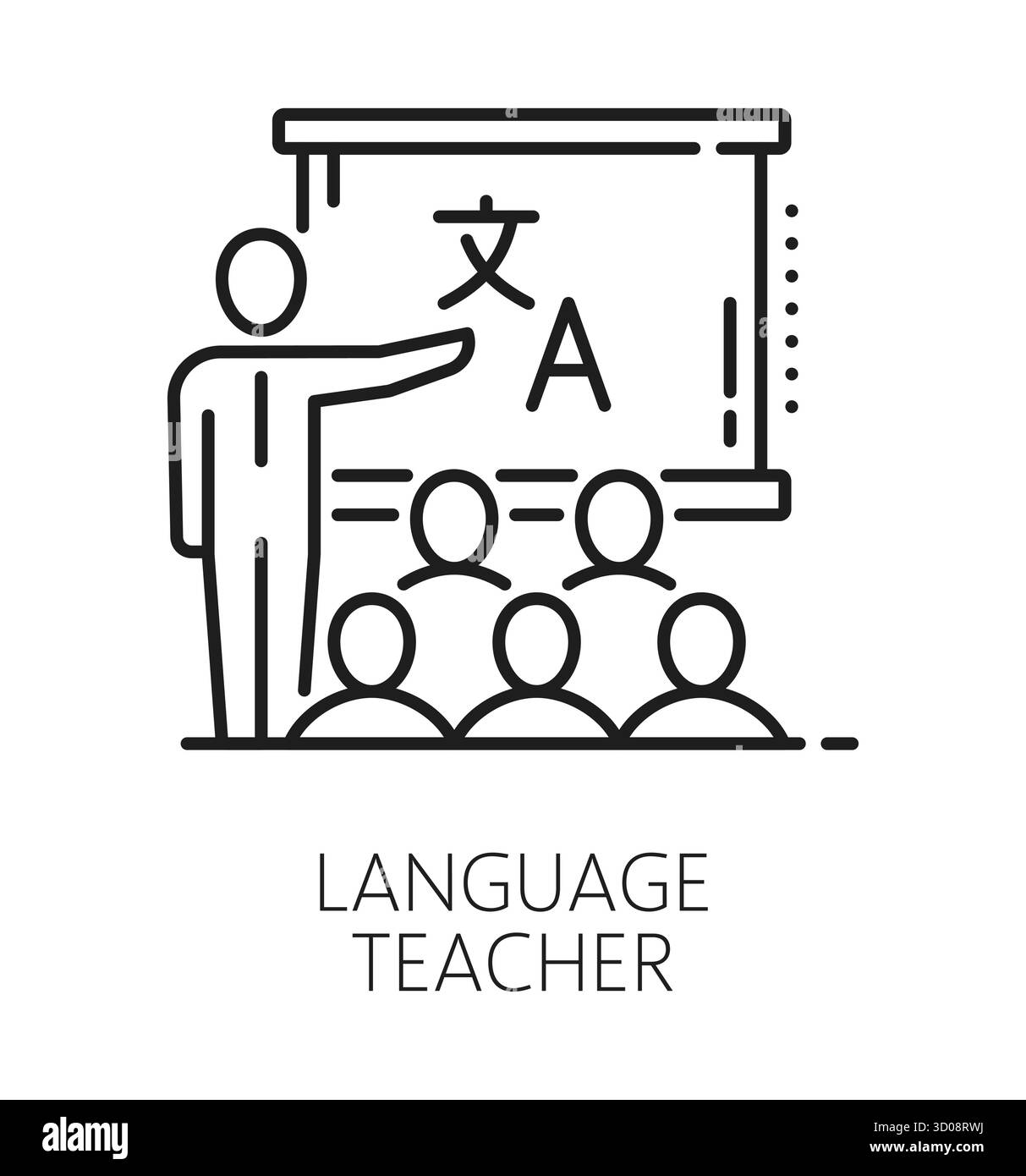 Zeilensymbol oder Emblem für Englischlehrer. Englische Sprache übersetzen lineares Vektorsymbol, Vokabelpiktogramm. Symbol für Fremdsprachwörterbuch mit Lehrern und Schülern in der Klasse Stock Vektor