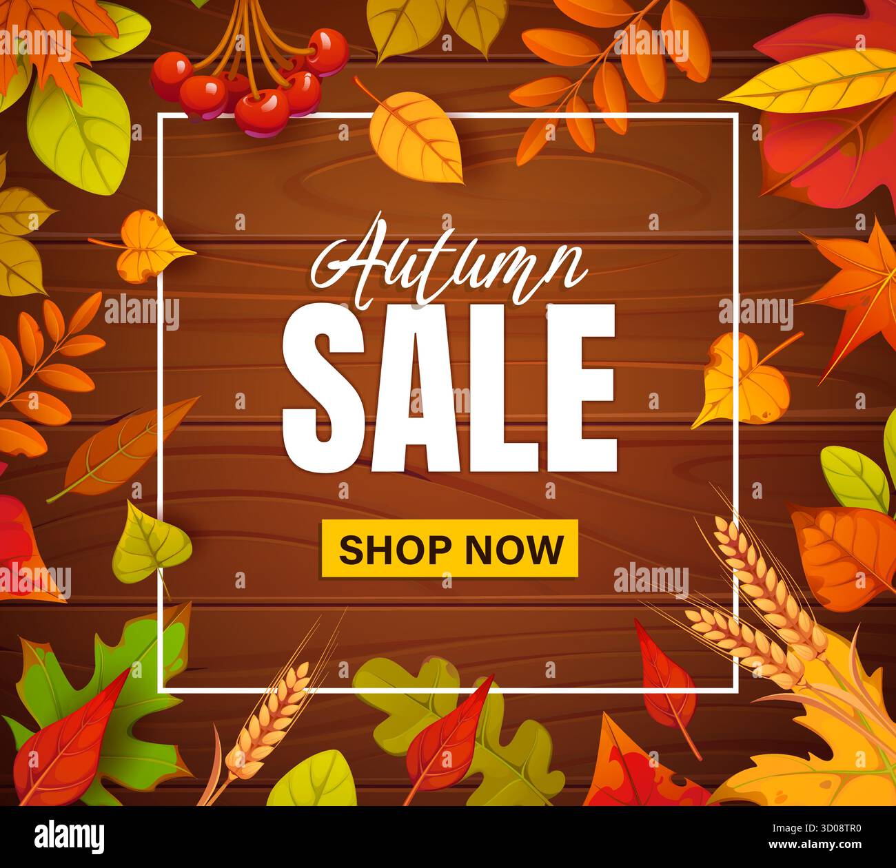 Herbstbanner mit Holzbrett, Herbstlaub und Beeren. Vektor-Werbegutschein mit bunten Herbstblättern, Beeren, Weizenohren und Shop Now Button. Saisonale Werbebotschaft Stock Vektor
