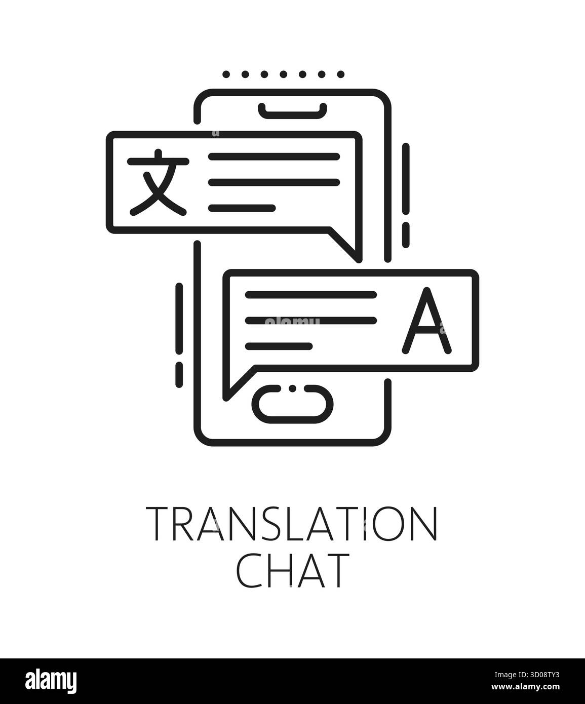 Symbol oder Piktogramm für die Chatzeile für die Übersetzung in englischer Sprache. Fremdsprachvokabular lineares Vektorsymbol, Sprachübersetzungszeichen. Wörterbuch-Piktogramm mit Online-Chat-Kommentaren auf dem Smartphone-Bildschirm Stock Vektor